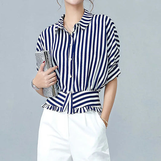 Women's striped top with concealed button placket and bell cuffs