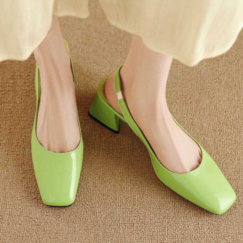 Women's Slingback Heels Square Toe Block Heel Shiny Surface