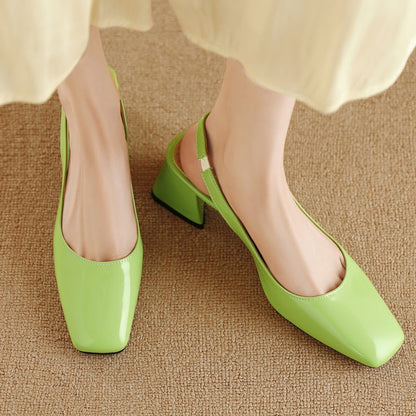 Women's Slingback Heels Square Toe Block Heel Shiny Surface