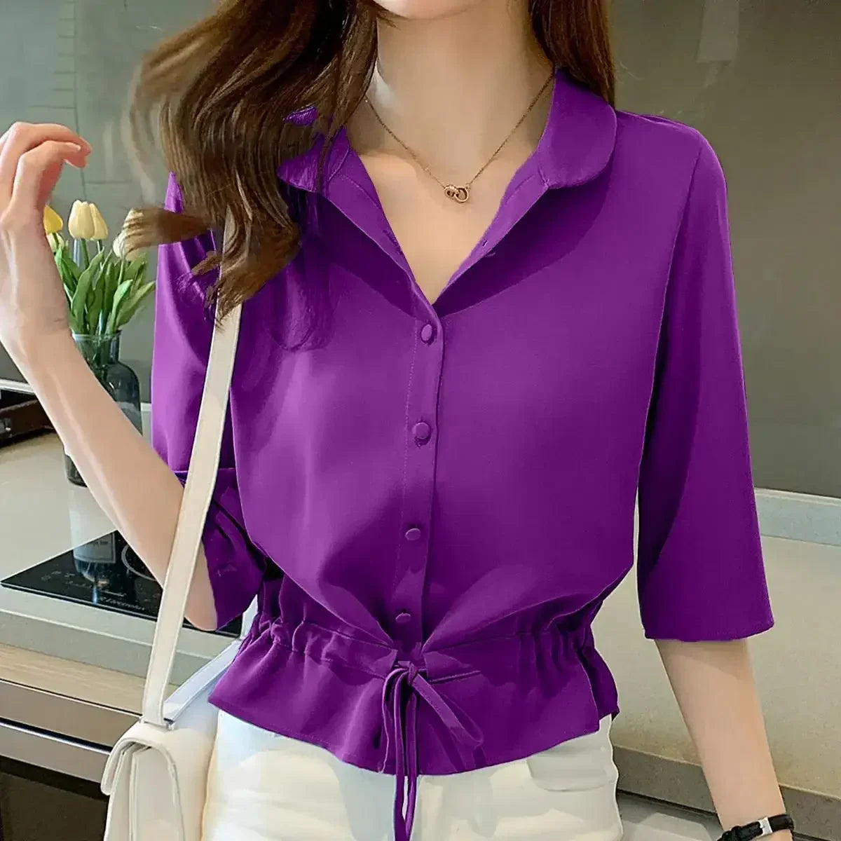 Women's Shirt Shiny Surface Button Placket Adjustable Tie Belt
