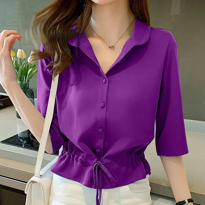 Women's Shirt Shiny Surface Button Placket Adjustable Tie Belt