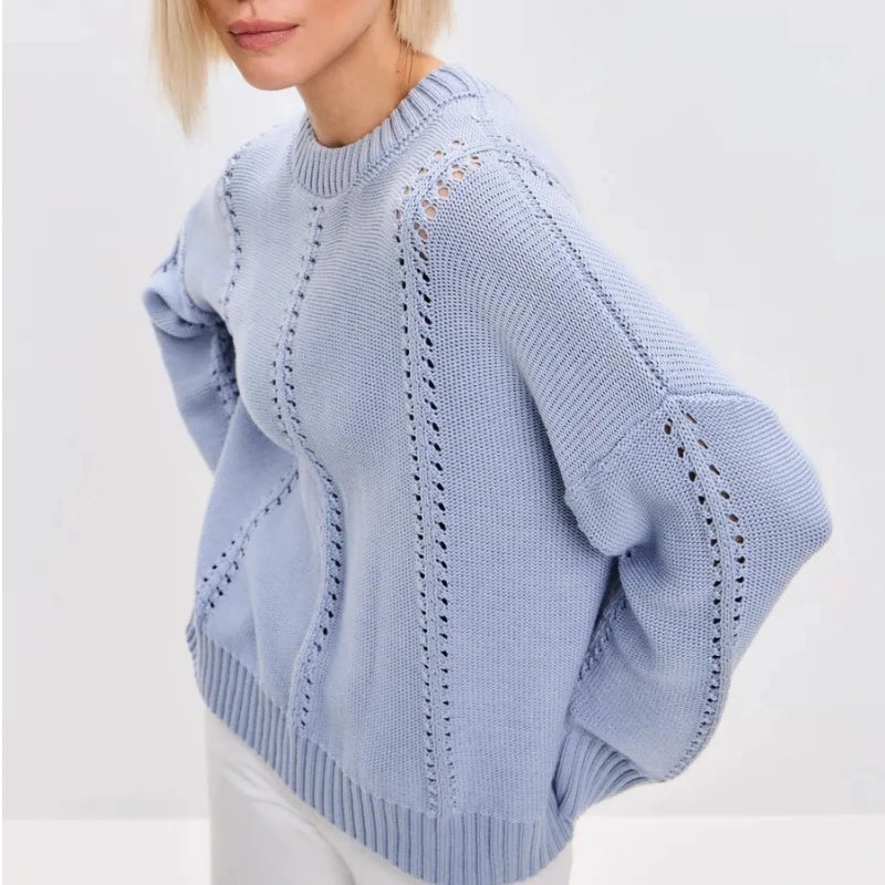 Women's Oversized Knit Sweater with Openwork Pattern, Crew Neck, Long Sleeves