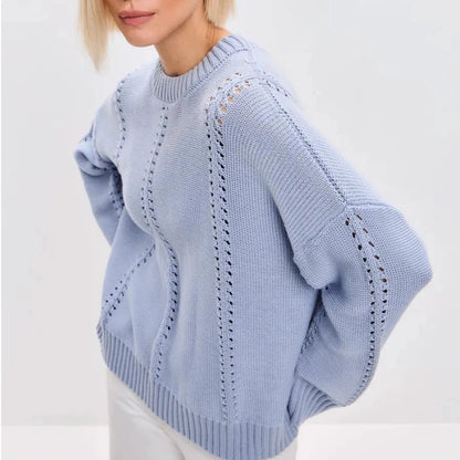 Women's Oversized Knit Sweater with Openwork Pattern, Crew Neck, Long Sleeves