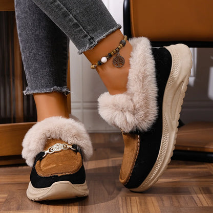 Damen Loafer Veganes Wildleder Orthopädische Plateausohle Kunstfellkragen mit Kettendetail