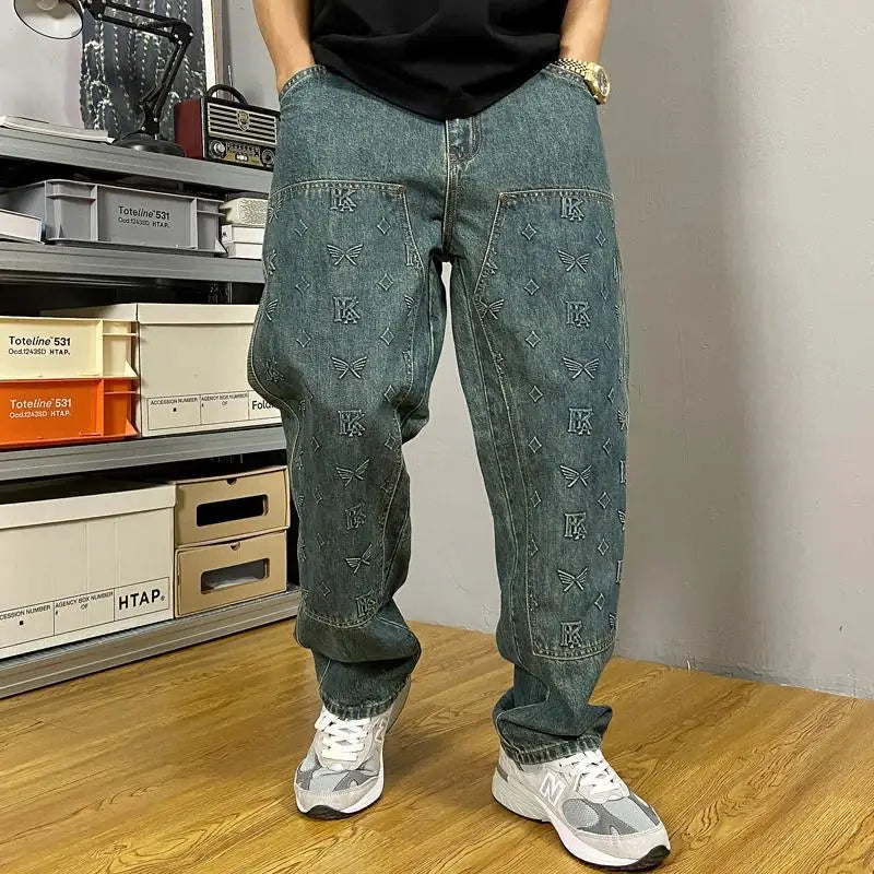 Herren Jeans mit lockerem Schnitt und Schmetterlingsstickerei – Mittlere Bundhöhe