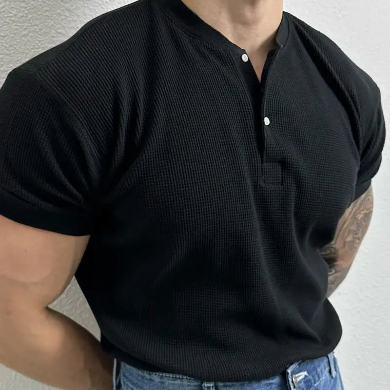 Herren Waffel Henley Shirt mit Stehkragen – Taillierte Passform