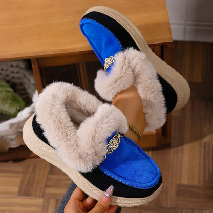 Damen Loafer Veganes Wildleder Orthopädische Plateausohle Kunstfellkragen mit Kettendetail