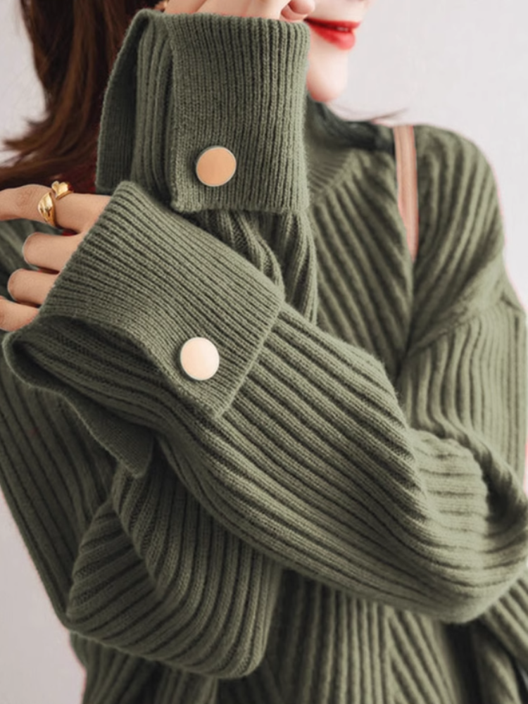 Women's Oversized Ribbed Sweater with High Collar and Button Detail