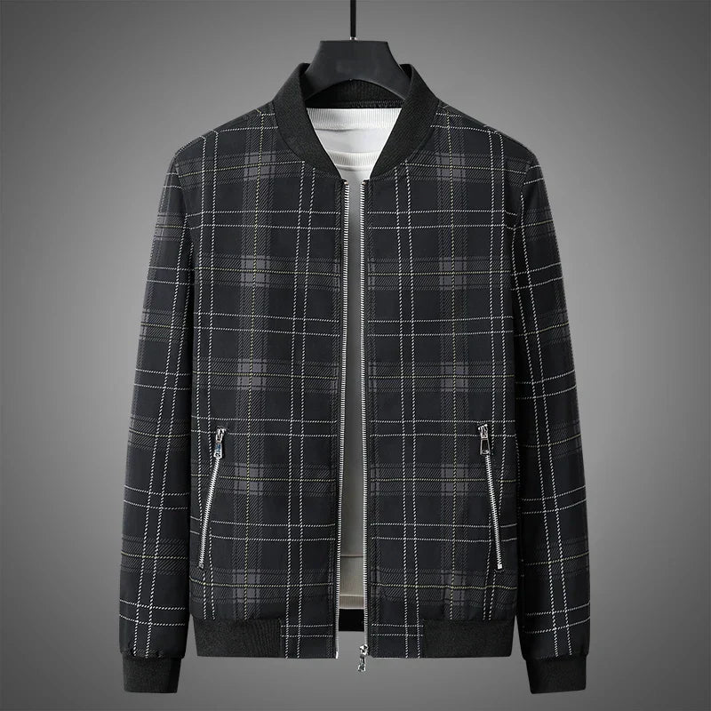 Men's flight jacket for autumn with checkered pattern, zipper, and ribbed cuffs