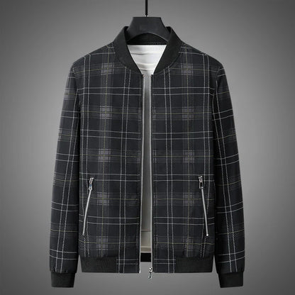 Men's flight jacket for autumn with checkered pattern, zipper, and ribbed cuffs