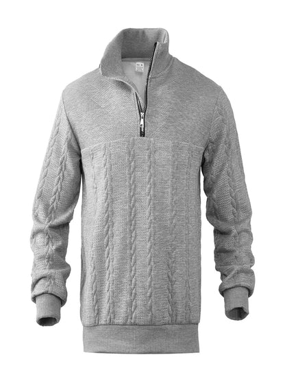 Men's knitted sweater with half zipper, standing collar, and cable pattern