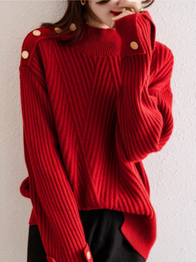 Women's Oversized Ribbed Sweater with High Collar and Button Detail