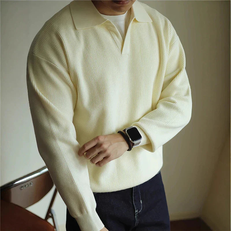 Men's Knit Polo Shirt Open Collar Ribbed Structure