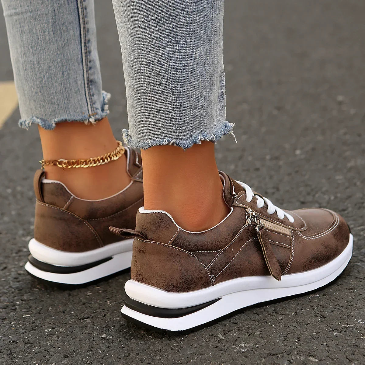 Damen Sneakers mit Plateau, Schnürung, seitlichem Reißverschluss und orthopädischer Sohle