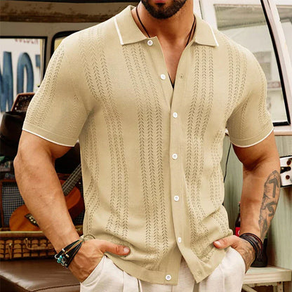 Herren Sommer Jacquard Strickhemd mit Knopfleiste – Klassischer Schnitt