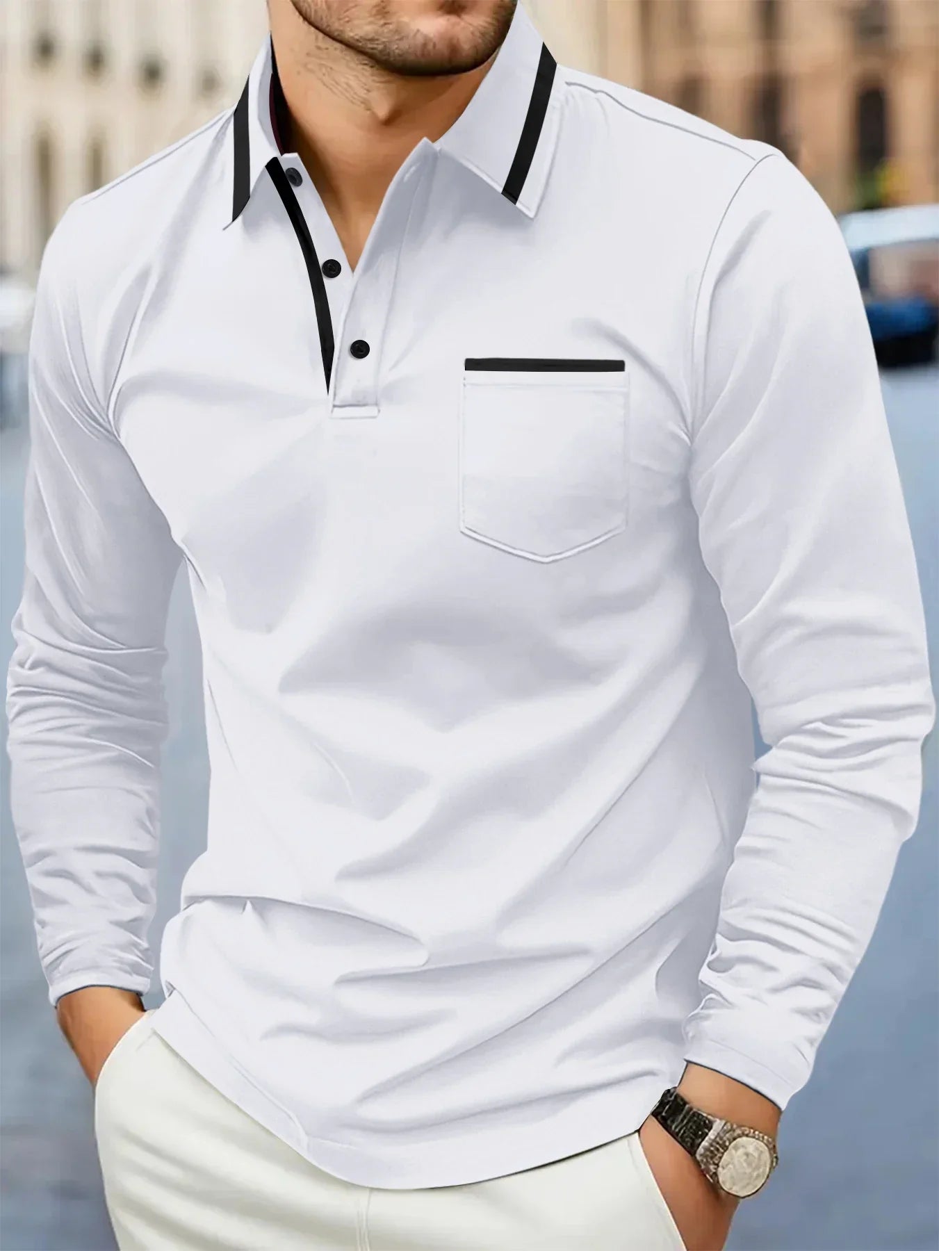 Men's Polo Shirt with Contrast Collar and Chest Pocket