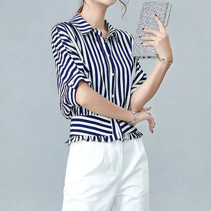 Women's striped top with concealed button placket and bell cuffs