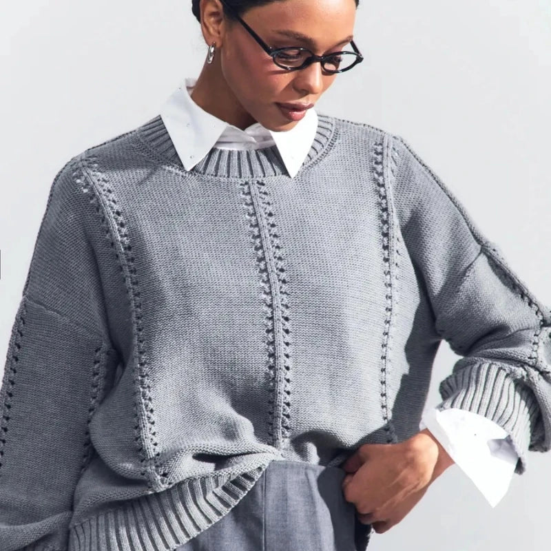 Women's Oversized Knit Sweater with Openwork Pattern, Crew Neck, Long Sleeves