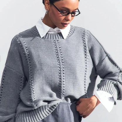 Women's Oversized Knit Sweater with Openwork Pattern, Crew Neck, Long Sleeves