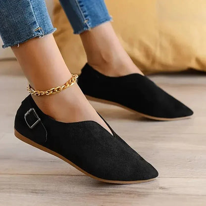 Women's Pointed Ballerinas with Buckle Accent and Slip-On