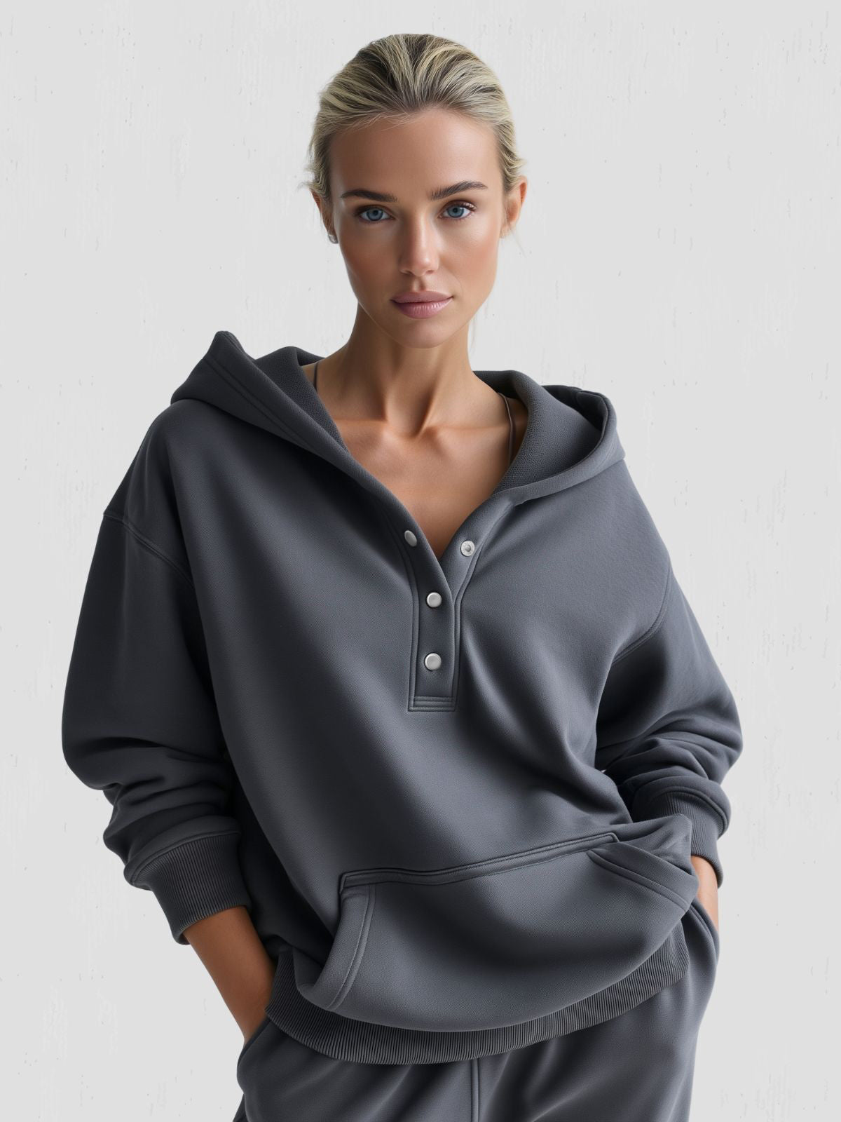 Women's Oversized Hoodie with Quarter Button Placket, Long Sleeves, Hood, Loose Fit