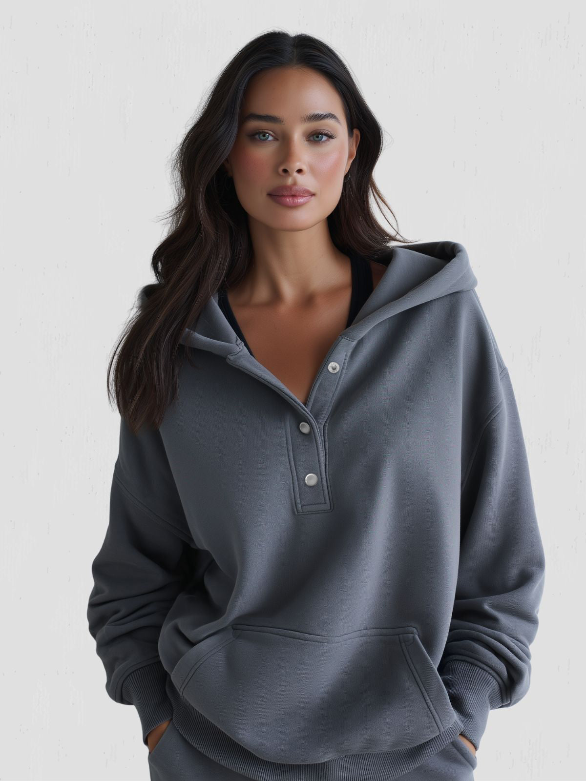 Women's Oversized Hoodie with Quarter Button Placket, Long Sleeves, Hood, Loose Fit