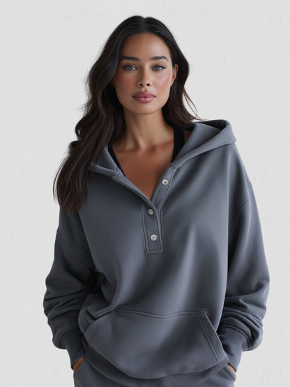 Women's Oversized Hoodie with Quarter Button Placket, Long Sleeves, Hood, Loose Fit