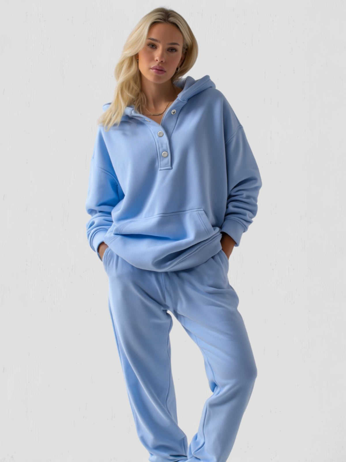 Women's Oversized Hoodie with Quarter Button Placket, Long Sleeves, Hood, Loose Fit