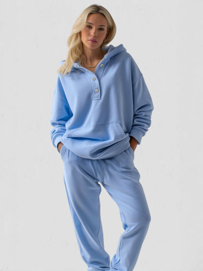 Women's Oversized Hoodie with Quarter Button Placket, Long Sleeves, Hood, Loose Fit