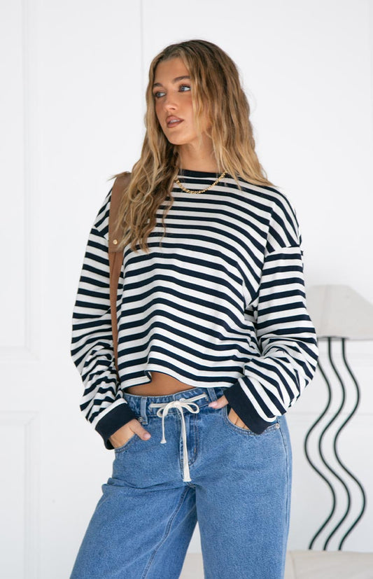 Women's Long-Sleeve Shirt Navy Blue Striped With Loose Fit