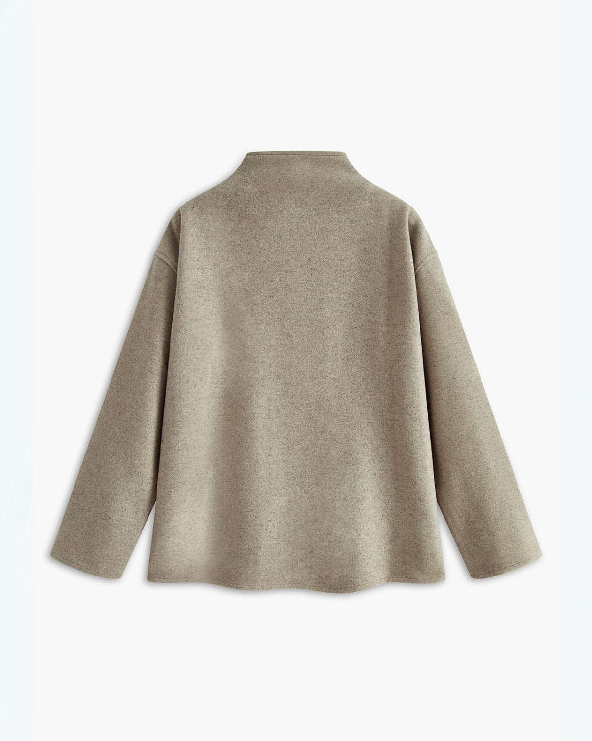 Beigefarbener Wollmantel für Damen, minimalistisch, Rückansicht, lange Ärmel, elegantes Design, Herbstmode, hochwertige Materialien.