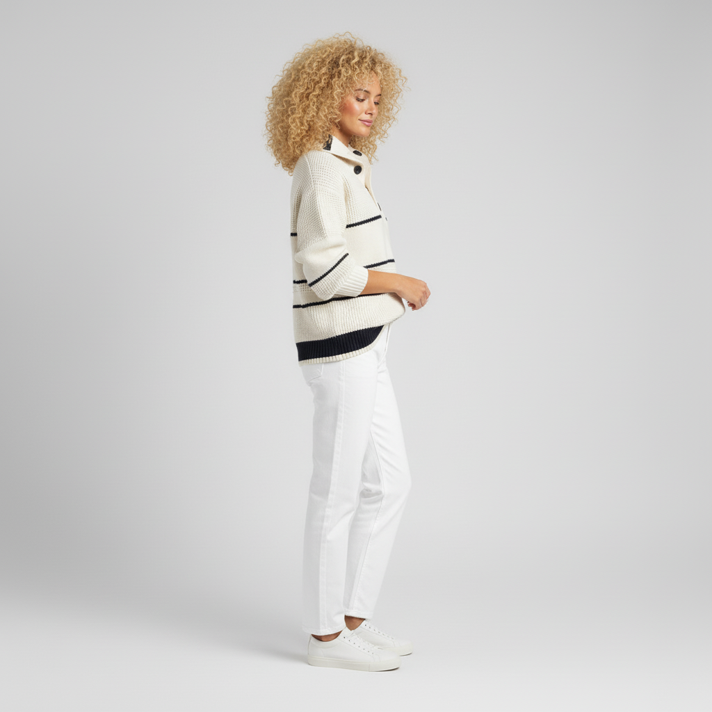 Vorderansicht des Damen-Strukturstrickpullovers mit Streifenmuster