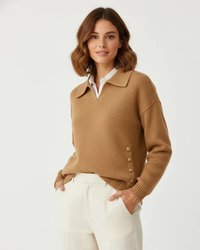 Damen Pullover mit Reverskragen und Knopfleiste – Lockerer Schnitt