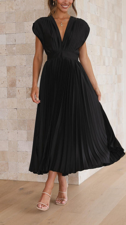 Women's Pleated Dress with Draped V-Neckline, High Waist, and Flared Skirt