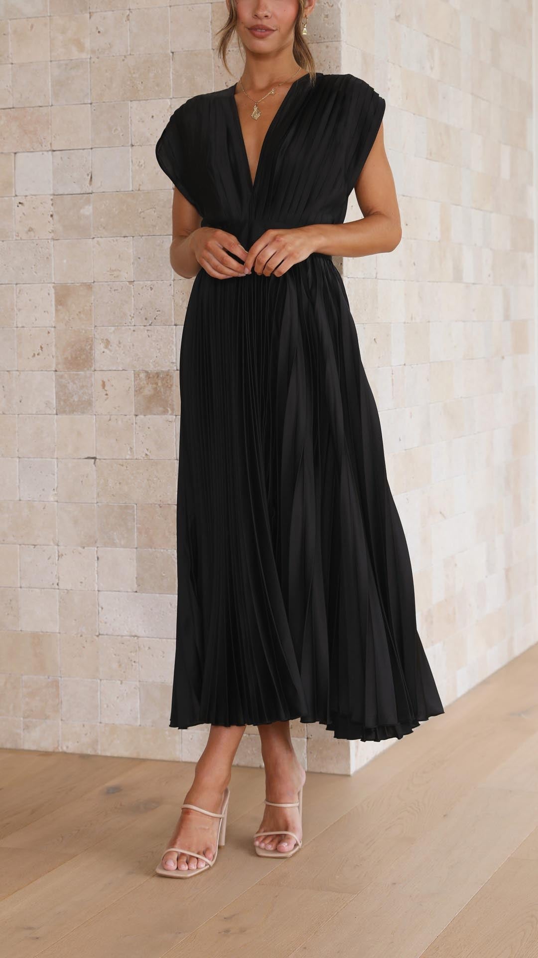 Women's Pleated Dress with Draped V-Neckline, High Waist, and Flared Skirt