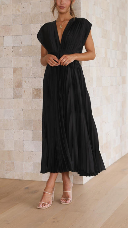 Women's Pleated Dress with Draped V-Neckline, High Waist, and Flared Skirt