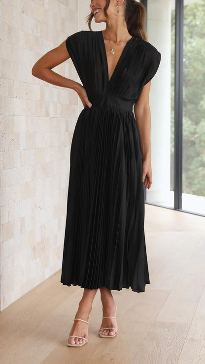 Women's Pleated Dress with Draped V-Neckline, High Waist, and Flared Skirt