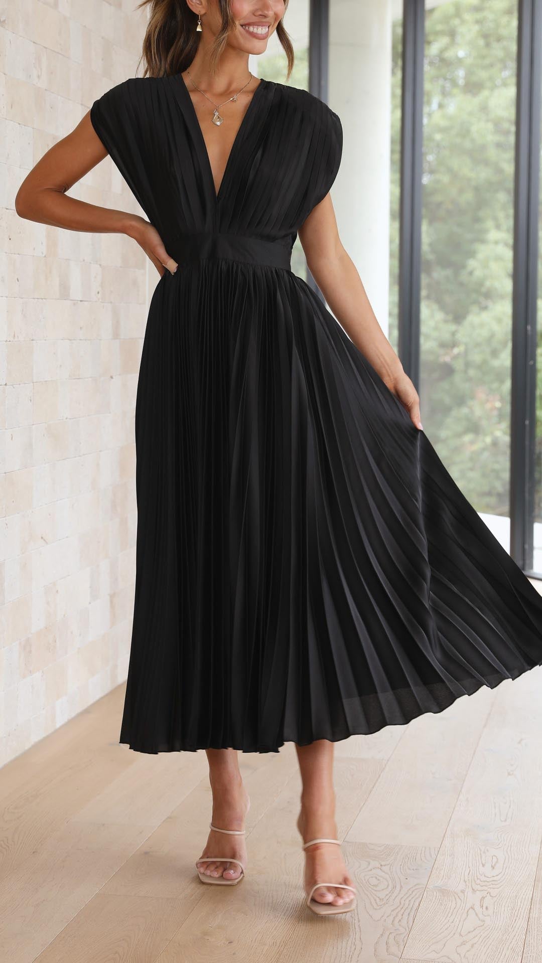 Women's Pleated Dress with Draped V-Neckline, High Waist, and Flared Skirt