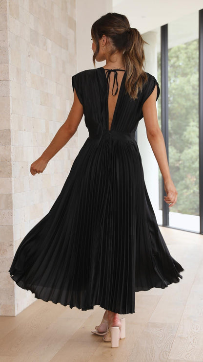 Women's Pleated Dress with Draped V-Neckline, High Waist, and Flared Skirt