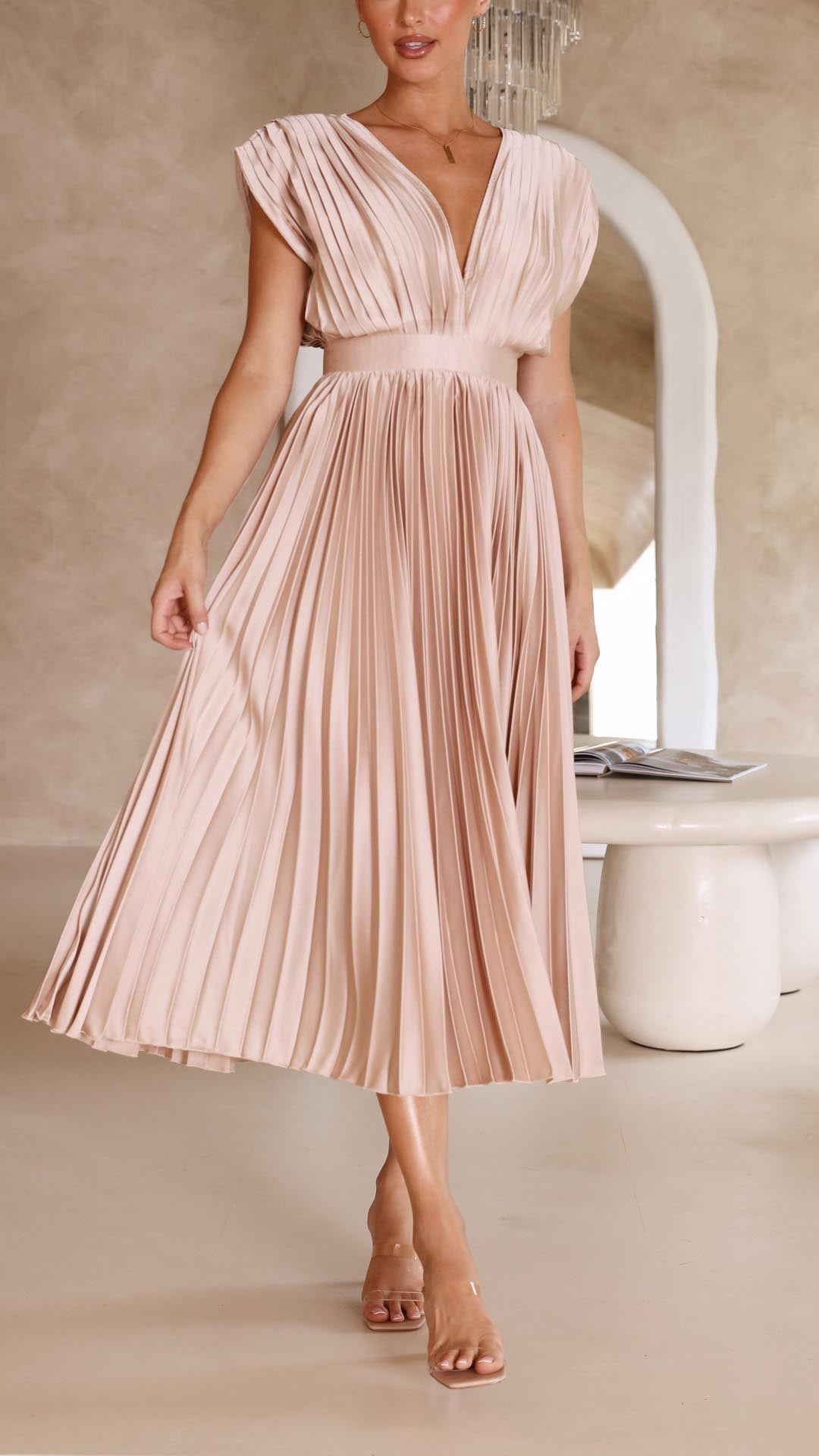 Women's Pleated Dress with Draped V-Neckline, High Waist, and Flared Skirt