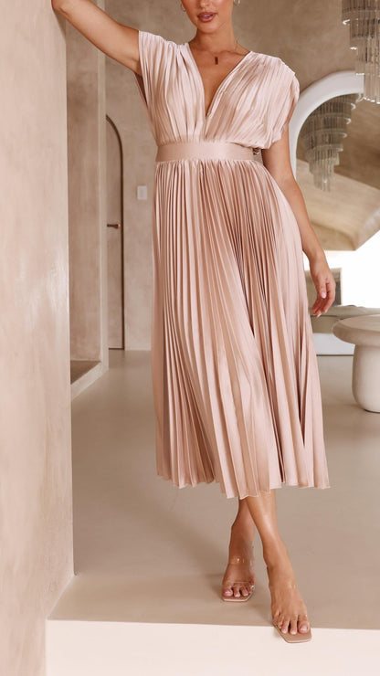 Women's Pleated Dress with Draped V-Neckline, High Waist, and Flared Skirt