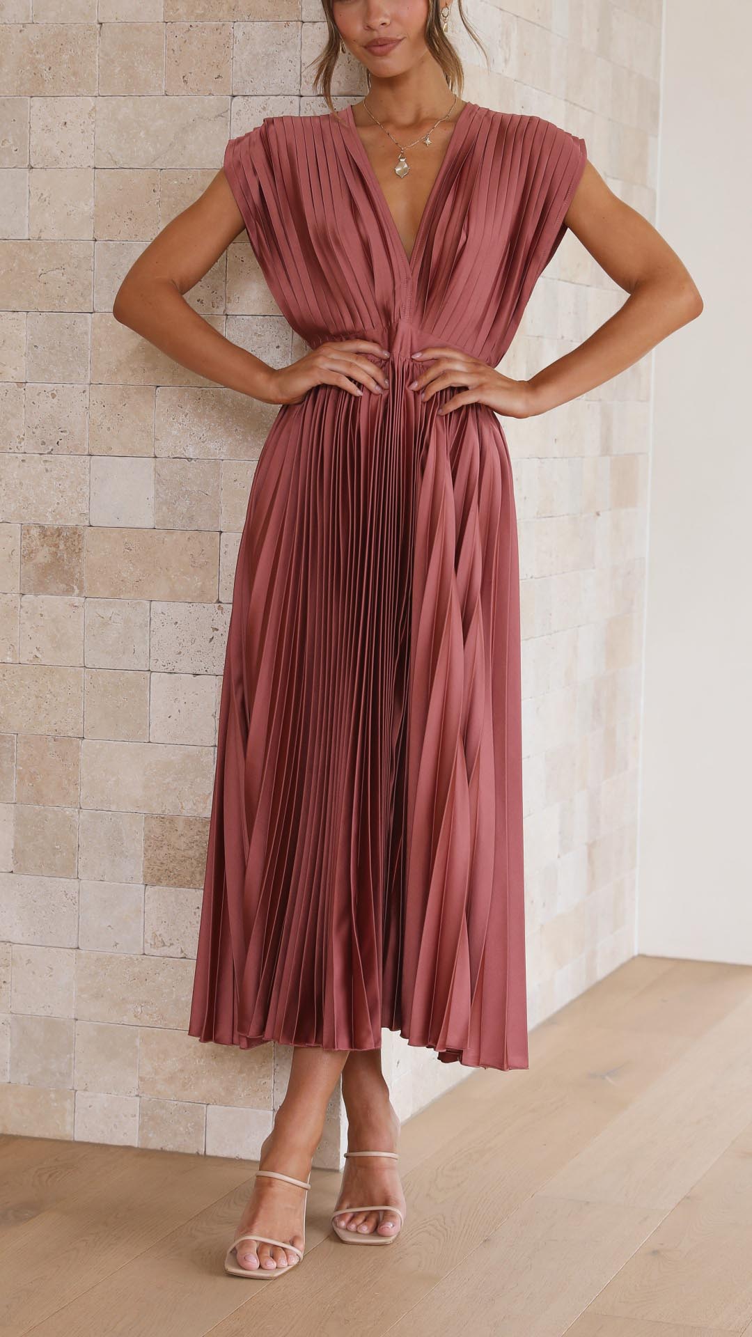 Women's Pleated Dress with Draped V-Neckline, High Waist, and Flared Skirt
