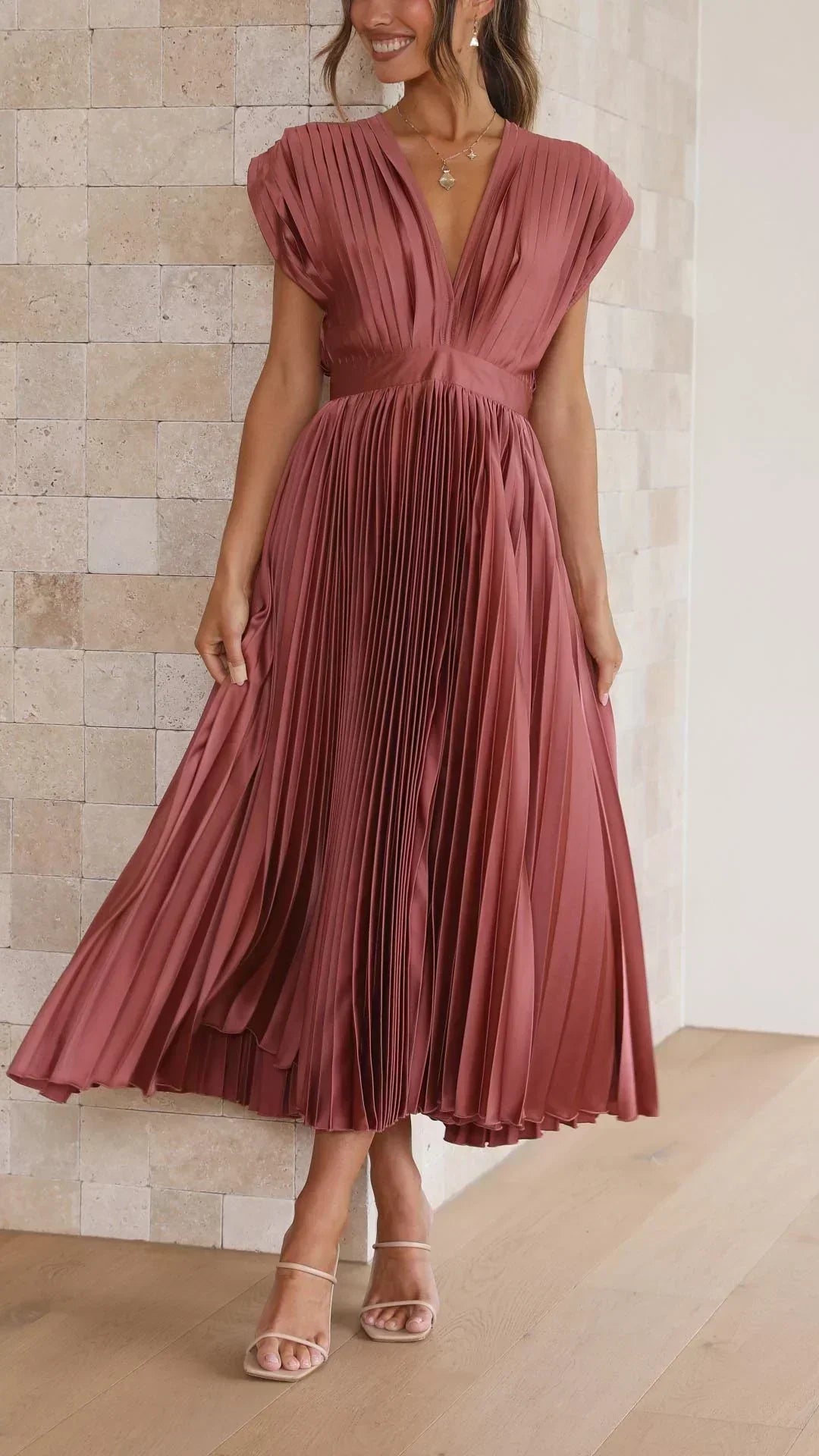Women's Pleated Dress with Draped V-Neckline, High Waist, and Flared Skirt