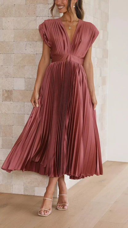 Women's Pleated Dress with Draped V-Neckline, High Waist, and Flared Skirt