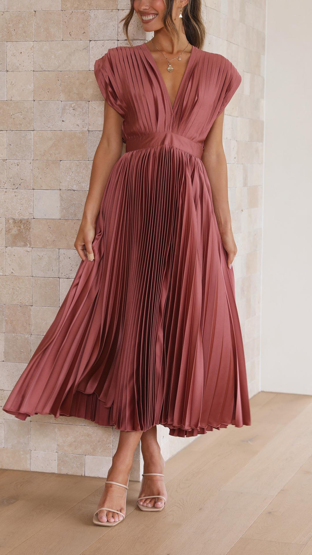 Women's Pleated Dress with Draped V-Neckline, High Waist, and Flared Skirt