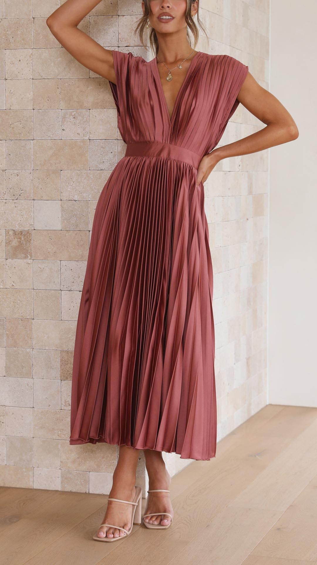 Women's Pleated Dress with Draped V-Neckline, High Waist, and Flared Skirt