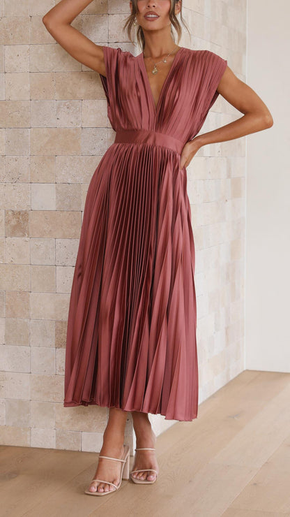 Women's Pleated Dress with Draped V-Neckline, High Waist, and Flared Skirt