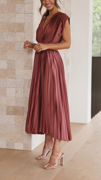 Women's Pleated Dress with Draped V-Neckline, High Waist, and Flared Skirt