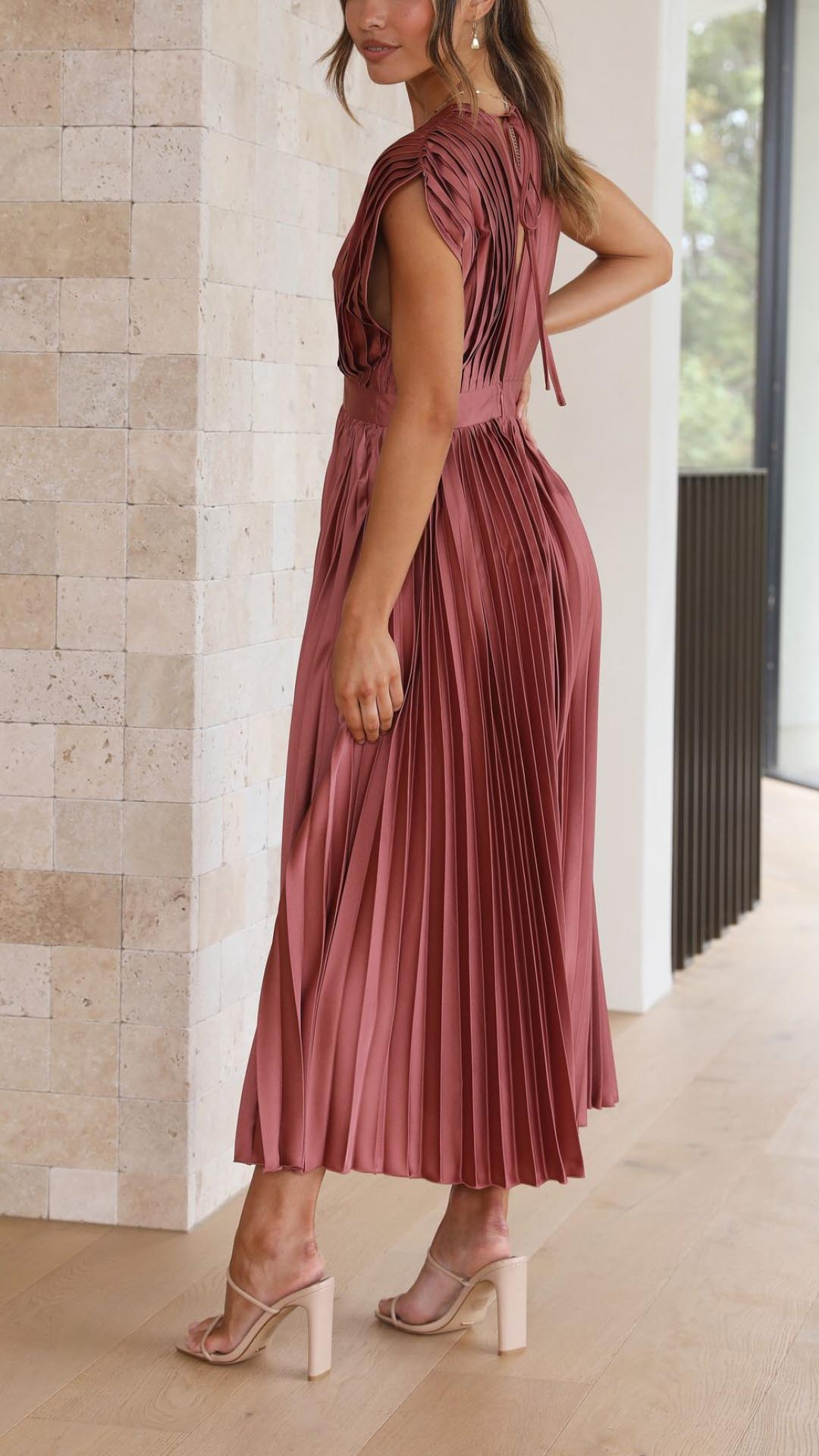 Women's Pleated Dress with Draped V-Neckline, High Waist, and Flared Skirt