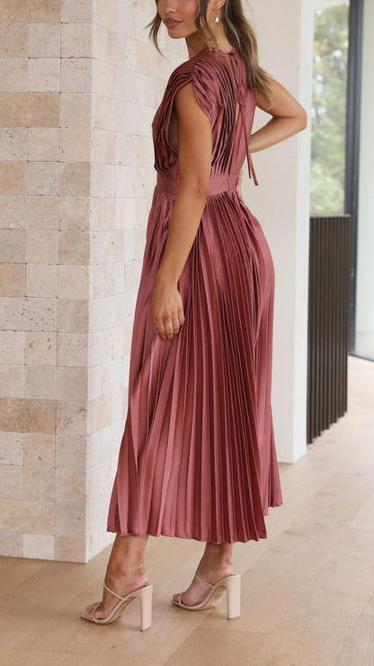 Women's Pleated Dress with Draped V-Neckline, High Waist, and Flared Skirt
